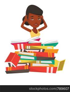 African-american student sitting in huge pile of books. Tired student read up for examinations with books. Stressed student reading books. Vector flat design illustration isolated on white background.. Student sitting in huge pile of books.