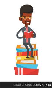African-american student sitting on huge pile of books. Student reading book. Smiling man sitting on stack of books with book in hands. Vector flat design illustration isolated on white background. Student sitting on huge pile of books.