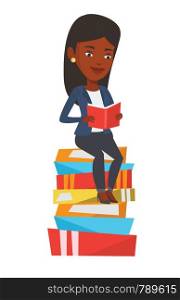 African-american student sitting on huge pile of books. Student reading book. Smiling woman sitting on stack of books with book in hands. Vector flat design illustration isolated on white background. Student sitting on huge pile of books.