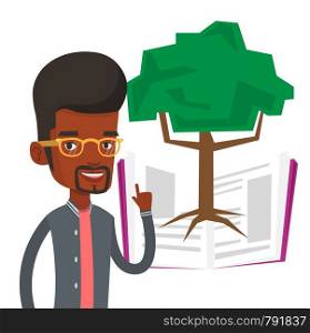 African-american student standing on the background of tree growing from open book. Young cheerful student pointing at tree of knowledge. Vector flat design illustration isolated on white background.. Student pointing at tree of knowledge.