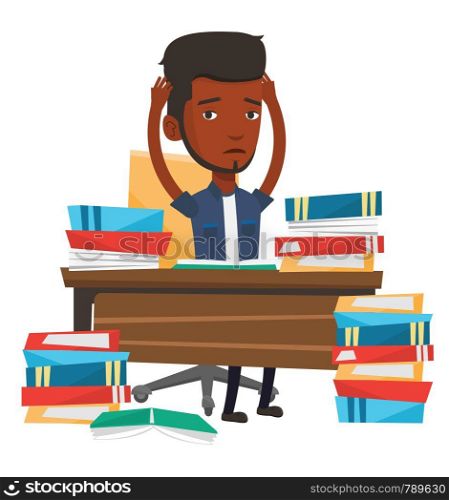African-american student studying hard before exam. Stressed student studying with textbooks. Desperate student studying in the library. Vector flat design illustration isolated on white background.. Student sitting at the table with piles of books.