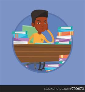 African-american student studying hard before the exam. Bored student studying with textbooks. Student studying in the library. Vector flat design illustration in the circle isolated on background.. Student sitting at the table with piles of books.