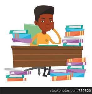 African-american student studying hard before the exam. Young angry student studying with textbooks. Student studying in the library. Vector flat design illustration isolated on white background.. Student sitting at the table with piles of books.