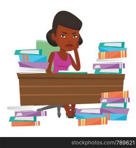African-american student studying hard before the exam. Young angry student studying with textbooks. Student studying in the library. Vector flat design illustration isolated on white background.. Student sitting at the table with piles of books.