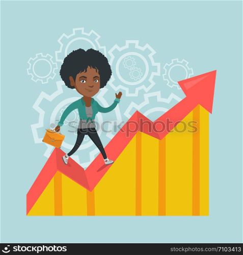 African-american successful business manager standing on profit chart. Young happy business manager running along the profit chart. Business profit concept. Vector cartoon illustration. Square layout.. African business manager standing on profit chart.
