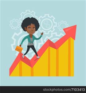 African-american successful business manager standing on profit chart. Young happy business manager running along the profit chart. Business profit concept. Vector cartoon illustration. Square layout.. African business manager standing on profit chart.