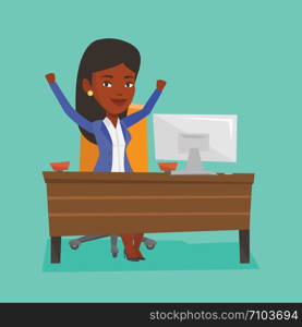 African-american successful business woman celebrating at workplace. Successful businesswoman celebrating business success. Successful business concept. Vector flat design illustration. Square layout.. Successful business woman vector illustration.