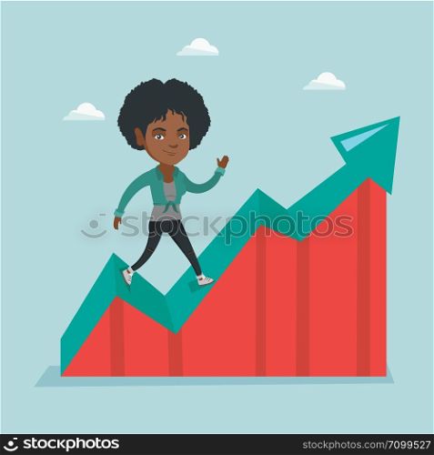 African-american successful business woman standing on profit chart. Young happy business woman running along the profit chart. Concept of business profit. Vector cartoon illustration. Square layout.. Happy business woman standing on profit chart.