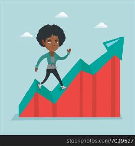 African-american successful business woman standing on profit chart. Young happy business woman running along the profit chart. Concept of business profit. Vector cartoon illustration. Square layout.. Happy business woman standing on profit chart.