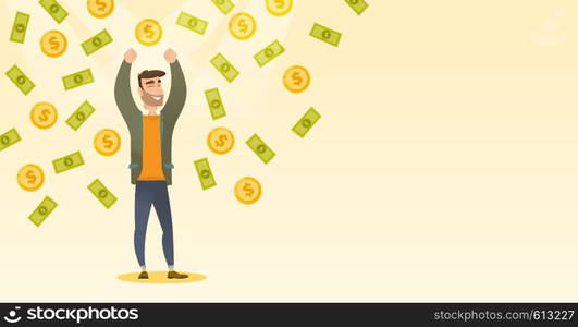 African-american successful businessman standing with raised hands under money rain. Excited businessman enjoying a rain of money. Vector flat design illustration. Horizontal layout.. Happy busiessman under money rain.