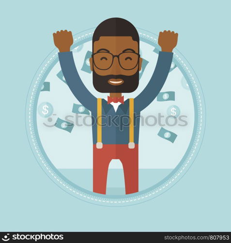 African-american successful businessman standing with raised hands under money rain. Excited businessman enjoying a rain of money. Vector flat design illustration in the circle isolated on background.. Happy busiessman under money rain.