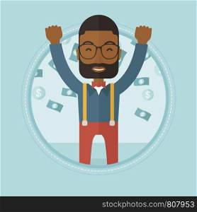 African-american successful businessman standing with raised hands under money rain. Excited businessman enjoying a rain of money. Vector flat design illustration in the circle isolated on background.. Happy busiessman under money rain.