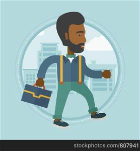 African-american successful businessman walking in the street. Successful businessman with a briefcase. Business success concept. Vector flat design illustration in the circle isolated on background.. Successful businessman walking in the city.