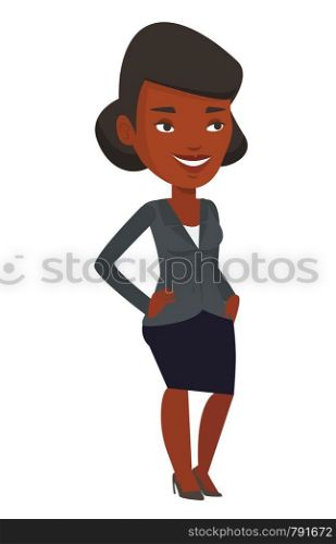 African-american successful businessman. Young successful businessman standing with hands in pockets. Concept of successful business. Vector flat design illustration isolated on white background.. Young successful businessman.
