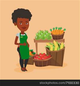 African-american supermarket worker giving thumb up. Young female supermarket worker standing on the background of shelves with vegetables and fruits. Vector flat design illustration. Square layout.. Friendly supermarket worker vector illustration.