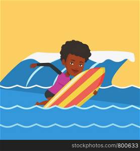 African-american surfer having fun during execution of a move on a blue ocean wave. Surfer in action on a surf board. Lifestyle and water sport concept. Vector flat design illustration. Square layout.. Happy surfer in action on a surf board.