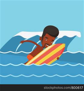 African-american surfer having fun during execution of a move on an ocean wave. Young surfer in action on surf board. Lifestyle and water sport concept. Vector flat design illustration. Square layout.. Happy surfer in action on a surf board.