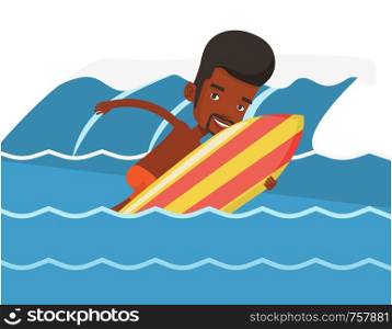 African-american surfer having fun during execution of a move on ocean wave. Young surfer in action on a surf board. Water sport concept. Vector flat design illustration isolated on white background.. Happy surfer in action on a surf board.