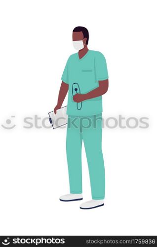 African american surgeon flat color vector faceless character. Doctor in medical mask. Essential frontline worker isolated cartoon illustration for web graphic design and animation. African american surgeon flat color vector faceless character