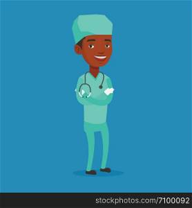 African-american surgeon standing with arms crossed. Young confident surgeon in medical uniform. Surgeon with stethoscope on his neck. Vector flat design illustration. Square layout.. Young confident surgeon with arms crossed.