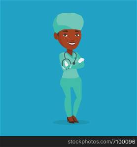 African-american surgeon standing with arms crossed. Young confident surgeon in medical uniform. Happy female surgeon with stethoscope on her neck. Vector flat design illustration. Square layout.. Young confident surgeon with arms crossed.
