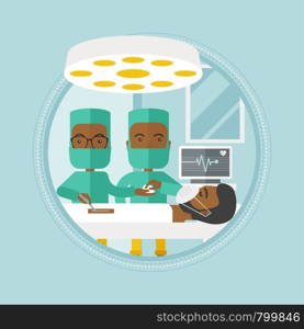 African-american surgeons working in operation theater. Surgeons performing operation in operating room. Surgeons doing operation. Vector flat design illustration in the circle isolated on background.. Two surgeons making operation vector illustration.