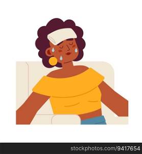 African american sweaty woman with wet towel semi flat color vector character. Heat stroke symptom. Editable half body person on white. Simple cartoon spot illustration for web graphic design. African american sweaty woman with wet towel semi flat color vector character