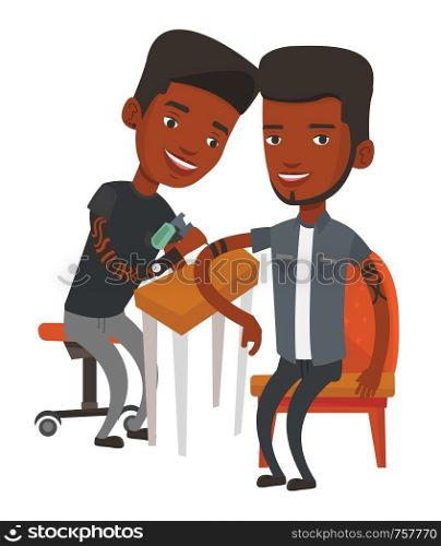 African-american tattooist makes a tattoo on the hand of a man. Tattooist makes a tattoo to a client. Professional tattoo artist at work. Vector flat design illustration isolated on white background.. Tattoo artist at work vector illustration.