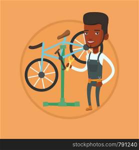 African-american technician working in bike workshop. Technician fixing bicycle in repair shop. Bicycle mechanic repairing bicycle. Vector flat design illustration in the circle isolated on background. African bicycle mechanic working in repair shop.