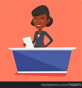 African-american television anchorwoman at studio during live broadcasting. Television anchorwoman working at studio. Tv anchorwoman reporting the news. Vector flat design illustration. Square layout.. Television anchorwoman at studio.