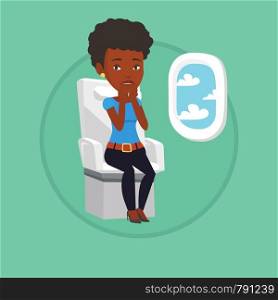 African-american terrified airplane passenger shocked by plane flight in a turbulent area. Airplane passenger frightened by flight. Vector flat design illustration in the circle isolated on background. Young woman suffering from fear of flying.
