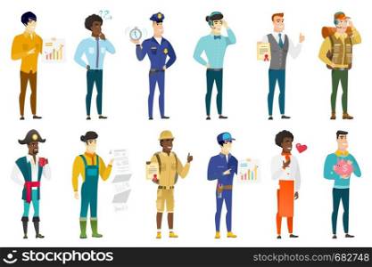 African-american tourist holding a diploma. Full length of tourist with diploma. Tourist showing diploma and giving thumb up. Set of vector flat design illustrations isolated on white background.. Vector set of professions characters.