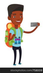 African-american tourist making selfie. Tourist with backpack and binoculars taking selfie with cellphone. Young tourist taking selfie. Vector flat design illustration isolated on white background.. Man with backpack making selfie.