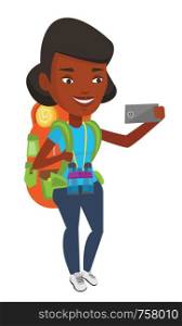 African-american tourist making selfie. Tourist with backpack and binoculars taking selfie with cellphone. Young tourist taking selfie. Vector flat design illustration isolated on white background.. Woman with backpack making selfie.