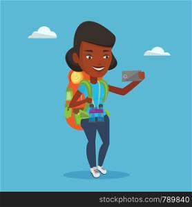 African-american tourist making selfie. Tourist with backpack and binoculars taking selfie with cellphone. Tourist taking selfie during summer trip. Vector flat design illustration. Square layout.. Woman with backpack making selfie.