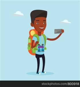 African-american tourist making selfie. Tourist with backpack and binoculars taking selfie with cellphone. Tourist taking selfie during summer trip. Vector flat design illustration. Square layout.. Man with backpack making selfie.