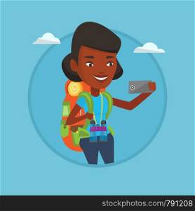 African-american tourist making selfie. Tourist with backpack taking selfie with cellphone. Tourist taking selfie during trip. Vector flat design illustration in the circle isolated on background.. Woman with backpack making selfie.