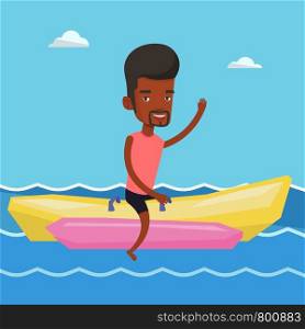 African-american tourist riding a banana boat and waving hand. Young man having fun on banana boat in the sea. Smiling man enjoying ride on banana boat. Vector flat design illustration. Square layout.. Tourists riding a banana boat vector illustration.