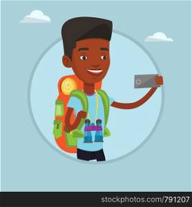 African-american tourist taking selfie. Tourist with backpack and binoculars taking selfie with cellphone. Tourist taking selfie. Vector flat design illustration in the circle isolated on background.. Man with backpack making selfie.