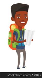 African-american traveler exploring the map. Traveler with backpack and binoculars looking at map. Traveler searching direction on a map. Vector flat design illustration isolated on white background.. Traveler with backpack looking at map.