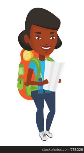 African-american traveler exploring the map. Traveler with backpack and binoculars looking at map. Traveler searching direction on a map. Vector flat design illustration isolated on white background.. Traveler with backpack looking at map.