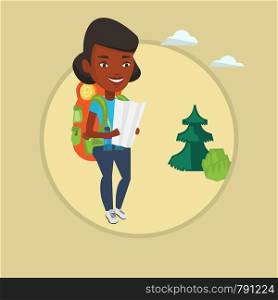 African-american traveler exploring the map. Traveler with backpack looking at map. Traveler searching right direction on a map. Vector flat design illustration in the circle isolated on background.. Traveler with backpack looking at map.
