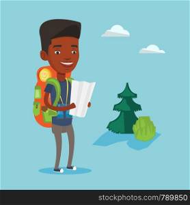 African-american traveler exploring the map. Young traveler with backpack and binoculars looking at map. Traveler searching right direction on a map. Vector flat design illustration. Square layout.. Traveler with backpack looking at map.