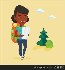 African-american traveler exploring the map. Young traveler with backpack and binoculars looking at map. Traveler searching right direction on a map. Vector flat design illustration. Square layout.. Traveler with backpack looking at map.