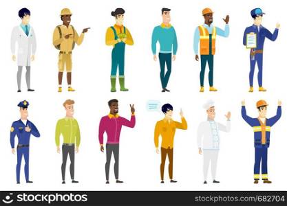 African-american traveler pointing to the side. Traveler pointing his finger to the side. Traveler pointing to the right side. Set of vector flat design illustrations isolated on white background.. Vector set of professions characters.