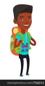 African-american traveler standing with backpack and binoculars. Traveler man enjoying his recreation time. Happy traveler during trip. Vector flat design illustration isolated on white background.. Cheerful traveler with backpack.