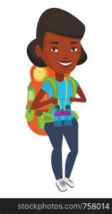 African-american traveler standing with backpack and binoculars. Traveler woman enjoying her recreation time. Happy traveler during trip. Vector flat design illustration isolated on white background.. Cheerful traveler with backpack.