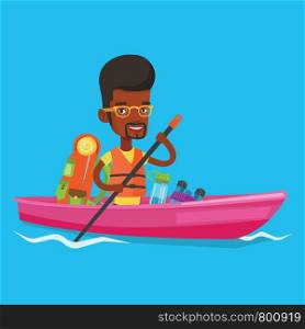 African-american traveling man riding in a kayak on the river with skull in hands and tourist equipment behind him. Happy kayaker traveling by kayak. Vector flat design illustration. Square layout.. Man riding in kayak vector illustration.