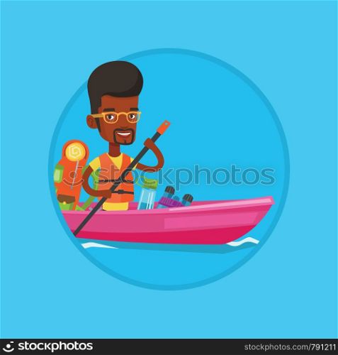 African-american traveling man riding in a kayak on the river with skull in hands. Happy man traveling by kayak during summer trip. Vector flat design illustration in the circle isolated on background. Man riding in kayak vector illustration.