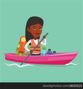 African-american traveling woman riding in a kayak on the river with skull in hands and tourist equipment behind her. Happy kayaker traveling by kayak. Vector flat design illustration. Square layout.. Woman riding in kayak vector illustration.